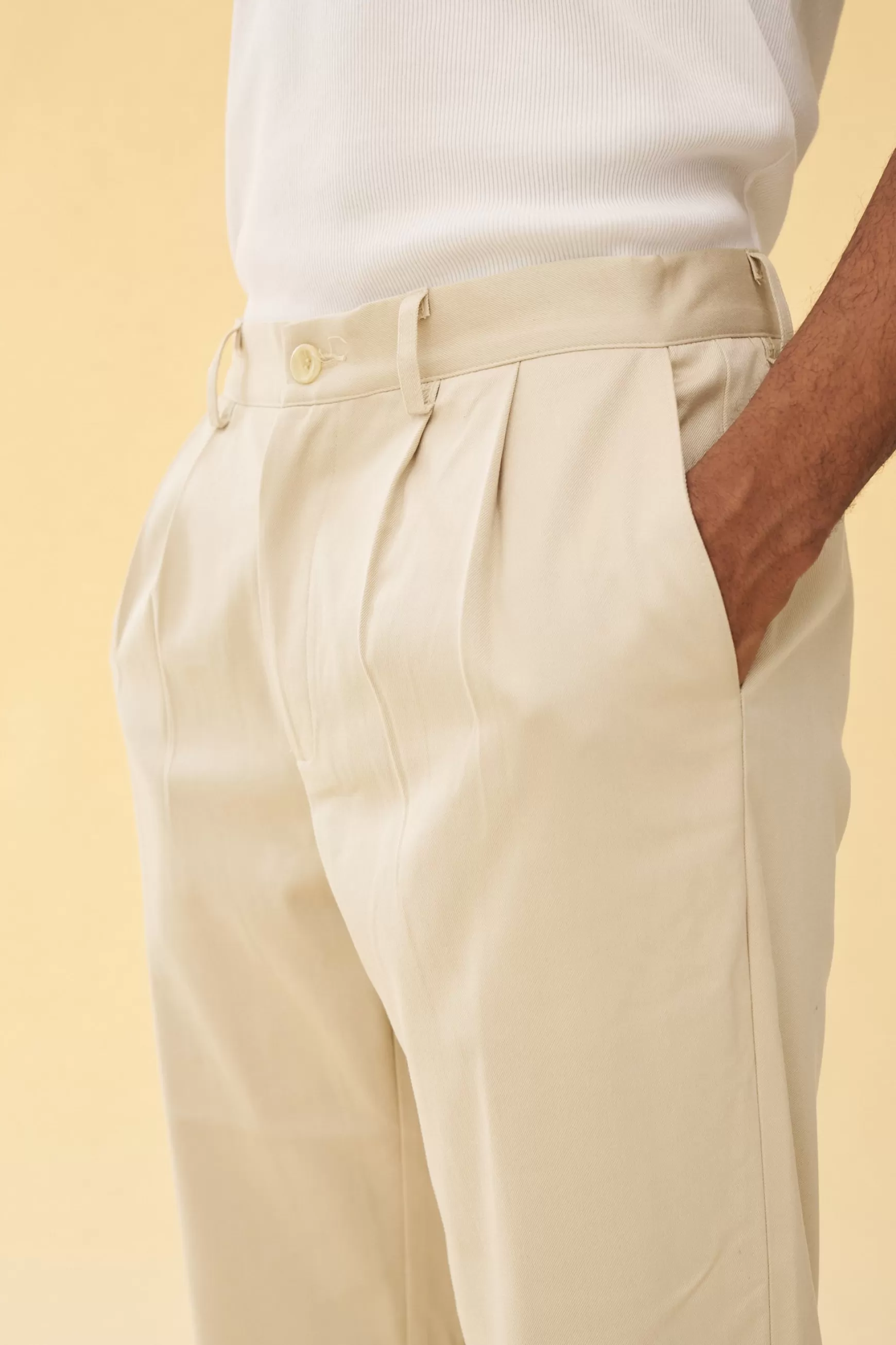 bound Pleated Smart Trousers - Cream Fashion